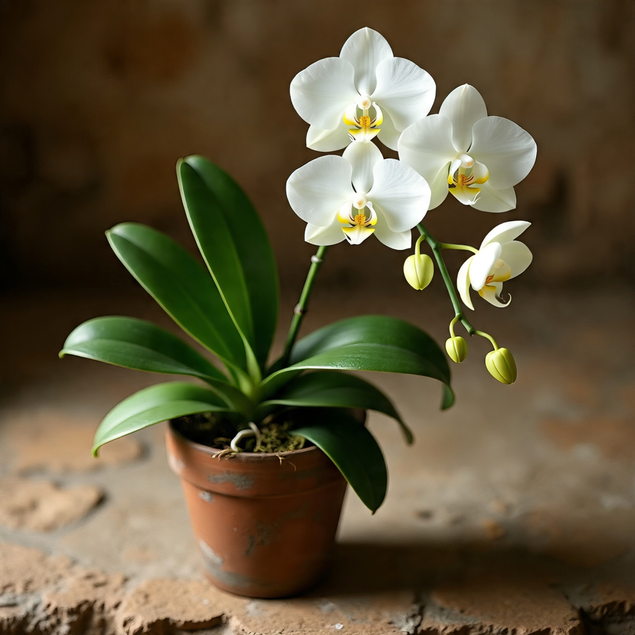 Potted, single-stem white cymbidium orchid with green leaves.