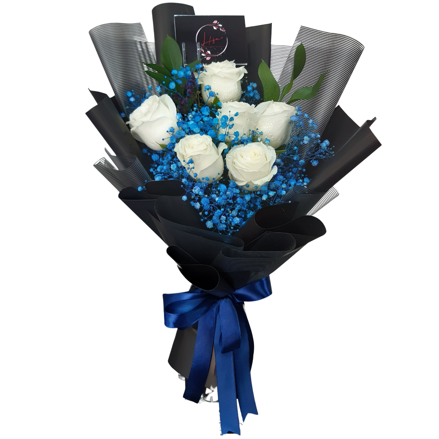 Hayat Flowers' exclusive 'Midnight Gentleman' bouquet-- 6 white roses, blue painted gypsophila and single ruscus arranged together in a sophisticated way, wrapped in layered matte black and black-transparent papers with deep blue satin ribbon.