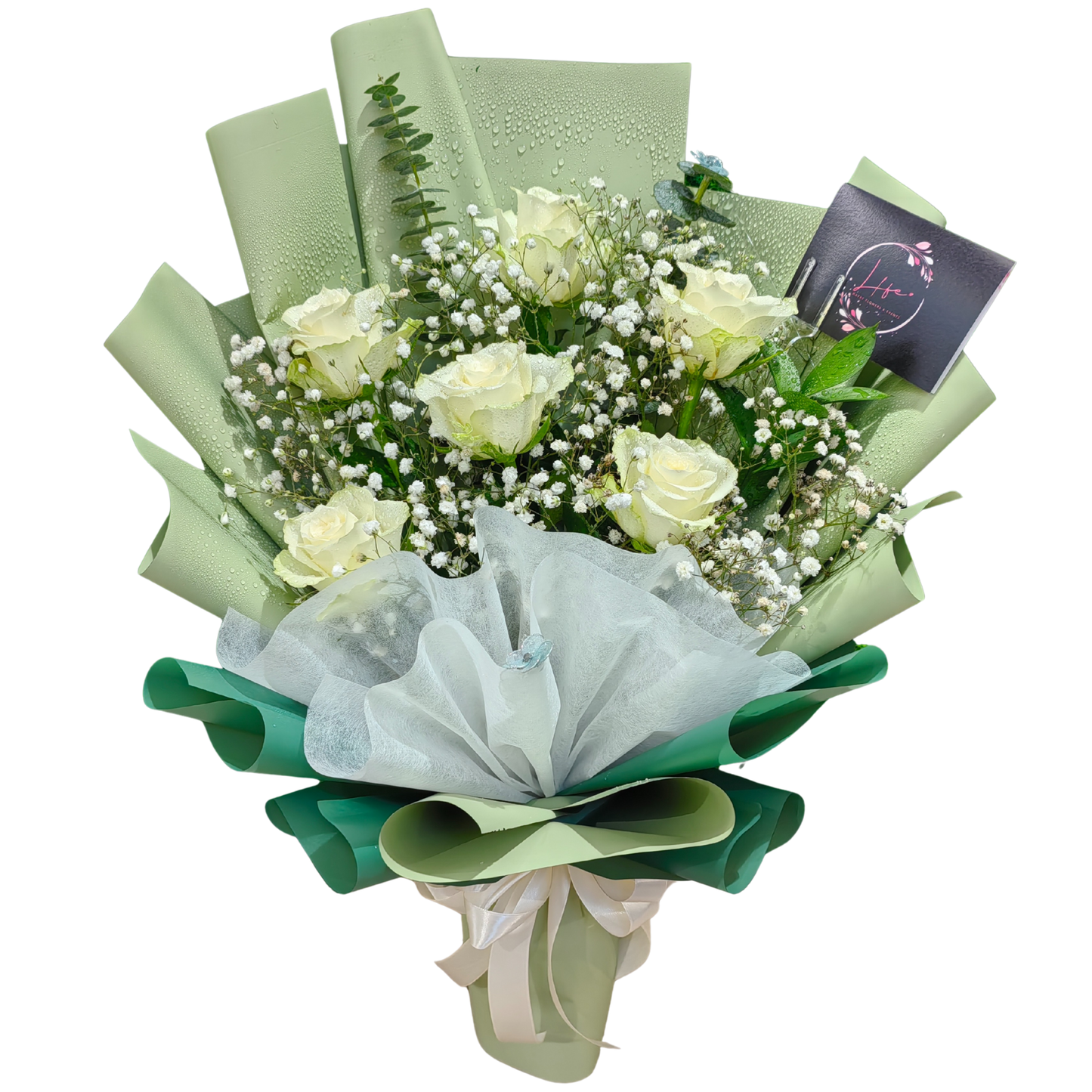 Hayat Flowers' 6-roses "Mint to Be" bouquet wrapped in green shades of floral papers with champagne pink satin ribbon finish.