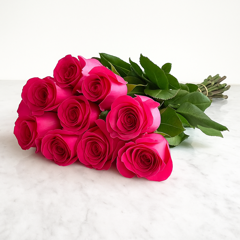 A fresh bunch of bright pink Flamingo roses; 10-stem market flower bunch by Hayat Flowers.
