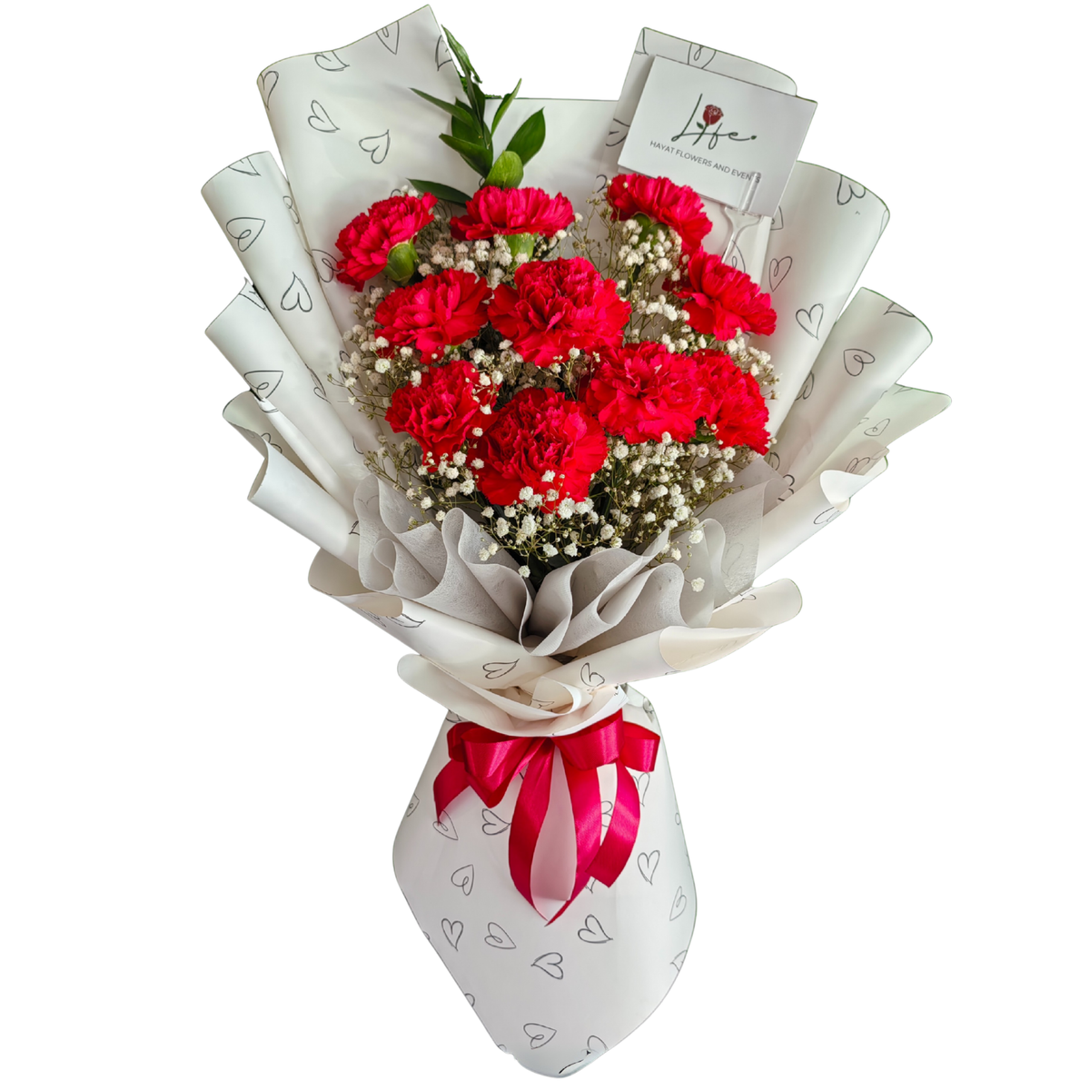 Hayat Flowers' RED ROMEO bouquet of 10 bloomed carnations wrapped in white floral paper with heart prints and tied with a red satin ribbon.