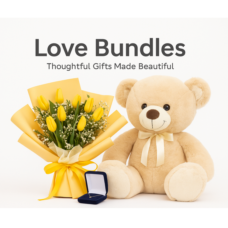 Playful Love Bundles collection banner featuring vibrant yellow tulips bouquet, paired with adorable teddy bear, with added gift jewelry, perfect for romantic and thoughtful gifting.