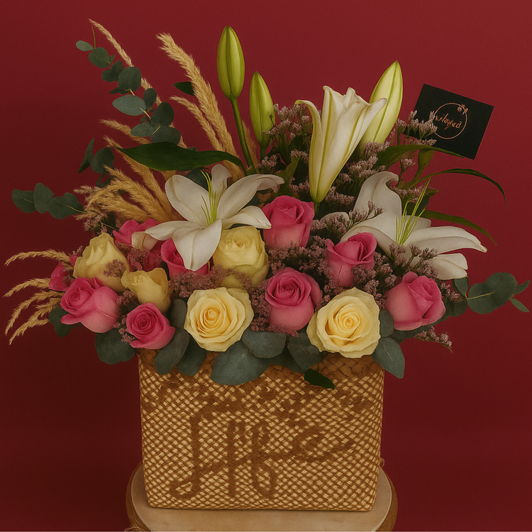 Blooms &Bags Collection cover image features a floral arrangement with pink and white roses, lilies, limoniums, eucalyptus, and pampas grass in a handwoven buri bag