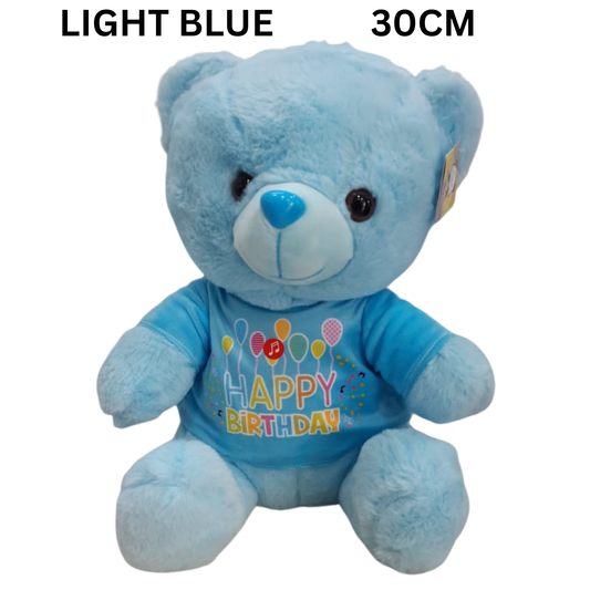 Light blue, musical teddy bear with 'Happy Birthday' shirt.