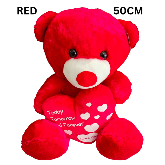 Red teddy bear with forever love message.