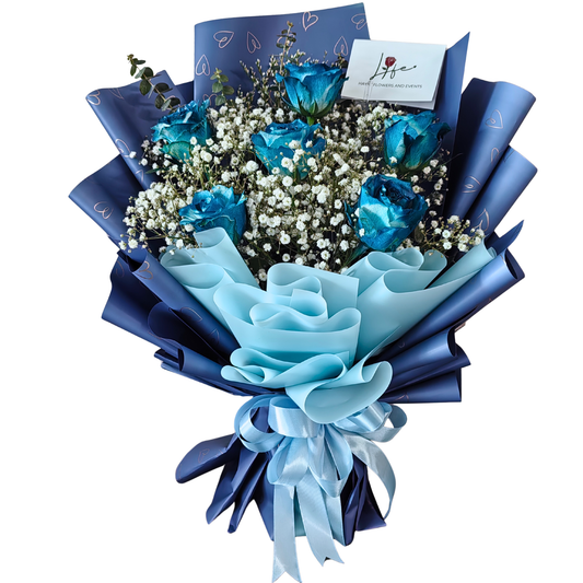 Blue Enchantment-- 6 blue roses bouquet,  with white gypsophila, white limoniums, and Baby Blue eucalyptus arranged together in a luxurious and elegant way.