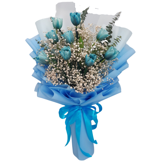 Bouquet of 10 rare blue tulips with white gypsophila and eucalyptus leaves, wrapped in elegant blue and white floral paper with ribbon.