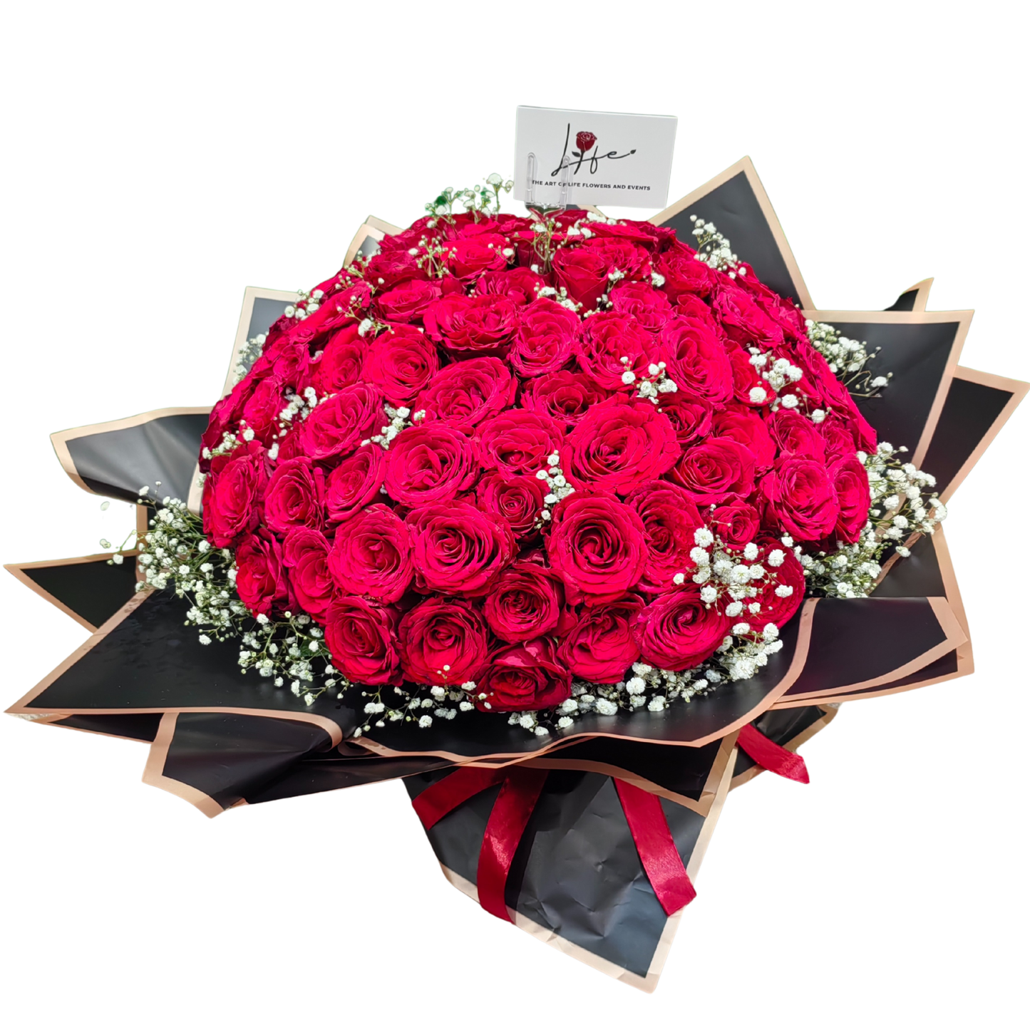 Hayat Flowers' EVERLASTING LOVE of 10 red roses compact bouquet with white gypsophila.
