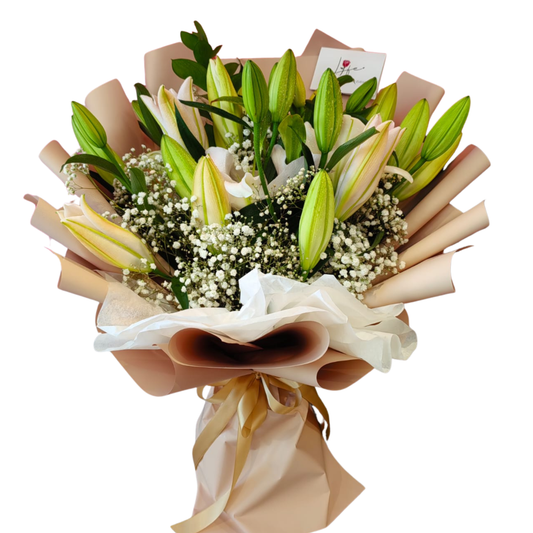 A beautifully wrapped bouquet of white lilies and baby’s breath with fresh greenery, presented in blush-toned wrapping and a satin gold ribbon from Hayat Flowers.