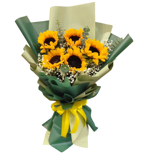 A hand-tied bouquet featuring five vibrant yellow sunflowers, delicate white gypsophila, and eucalyptus cinerea stems, wrapped in Hayat Flowers' signature wrap with a ribbon — a cheerful and radiant floral arrangement perfect for brightening any occasion.