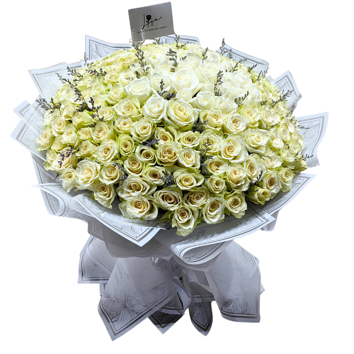 BRIDAL WHITE bouquet is a hand-tied bouquet of 100 fresh white roses wrapped in elegant white floral paper with satin ribbon.