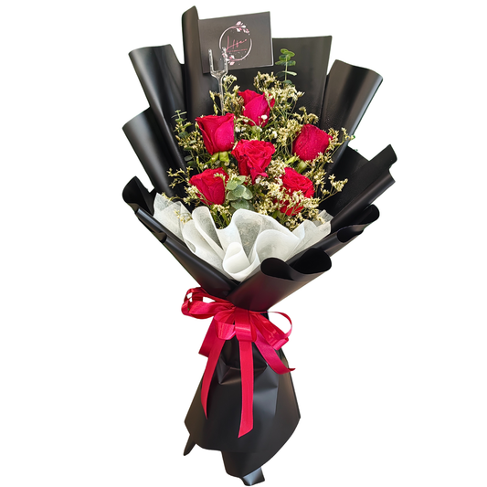 Crimson Dream bouquet - 6 red roses, white limoniums, white gypsophila and baby blue eucalyptus arranged together in a romantic and elegant way, wrapped in black glossy paper with white accent and red ribbon.