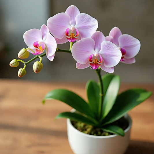 Single stem light pink cymbidium orchid in a white ceramic pot.