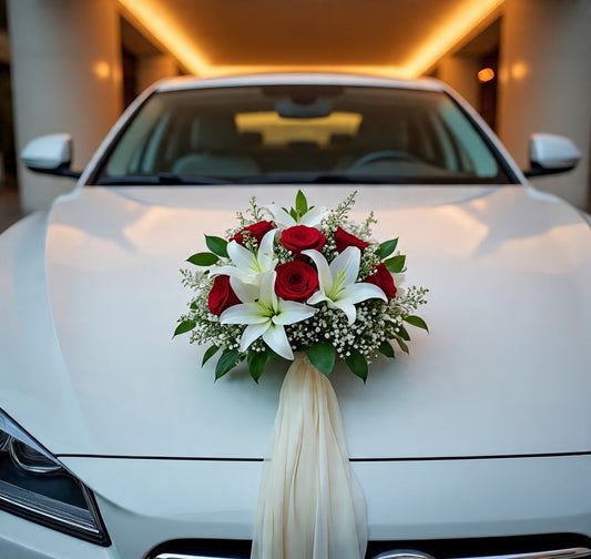 Floral arrangement with red roses and white lilies, gypsophila, stock, and ruscus, on a white luxury car.
