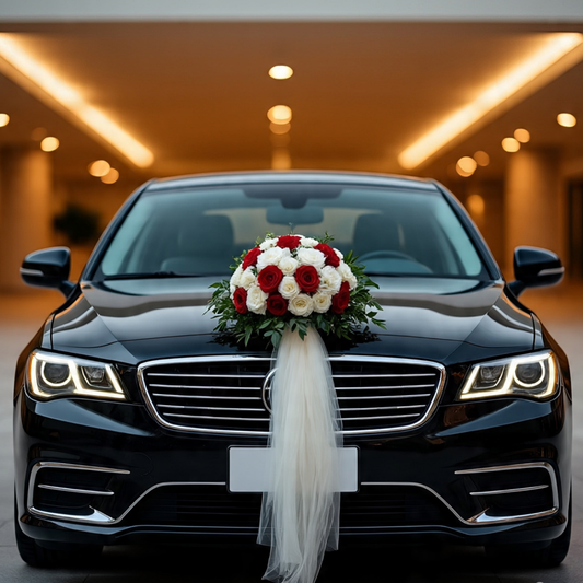 A stunning red and white roses, compact bridal car bouquet with Italian ruscus, and flowy chiffon fabric. Arranged on a luxury black sedan car.