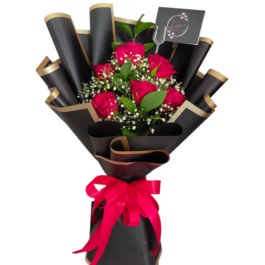 Midnight Crimson bouquet-- 6 red roses, white gypsophila and single ruscus arranged together in a luxurious and elegant way, wrapped in black glossy paper with gold trim.