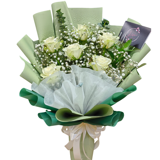  "Mint to Be" bouquet-- 6 white roses, white gypsophila, baby blue eucalyptus and ruscus wrapped in mint green and dark green floral paper with champagne pink ribbon.