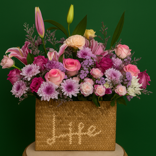 A lush floral arrangement of pink lilies, blush and purple roses, two-toned purple chrysanthemums, lilac statice, and pale yellow lisianthus in a handwoven 'Life' buri bag by Hayat Flowers and Events.