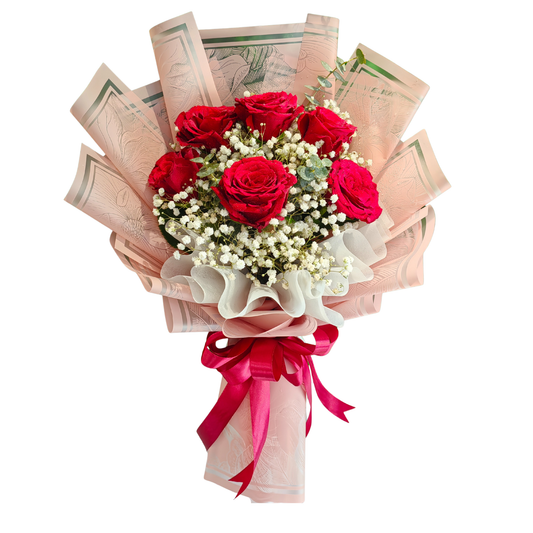 Hayat Flowers' compact round bouquet, Rosey Wishes, made of 6 red roses, white gypsophila and baby blue eucalyptus. Beautifully wrapped in pink floral paper with white accent, and red satin ribbon.