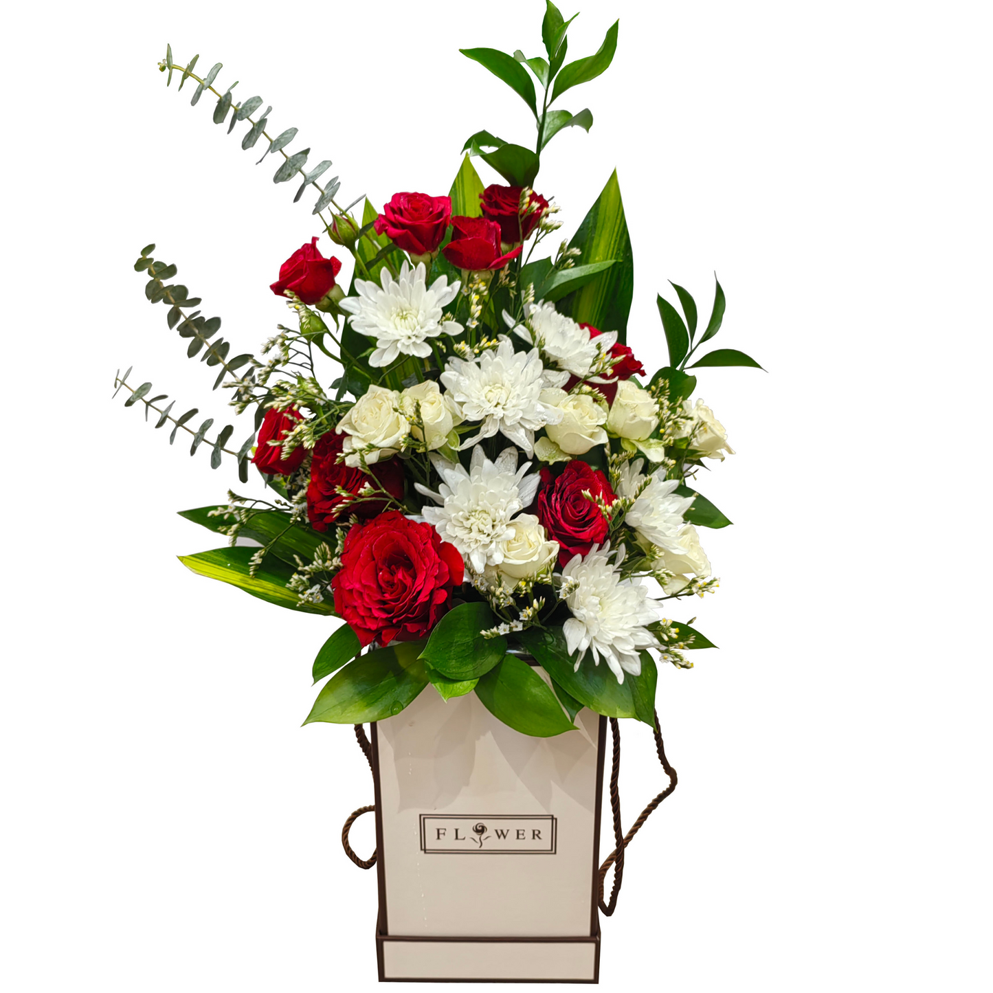 An elegant display of red spray roses and white chrysanthemums, with lisianthus and limoniums as fillers, added with lush foliage mix of single ruscus, eucalyptus Baby Blue, and Jamica leaves arranged in a decorative flower box.