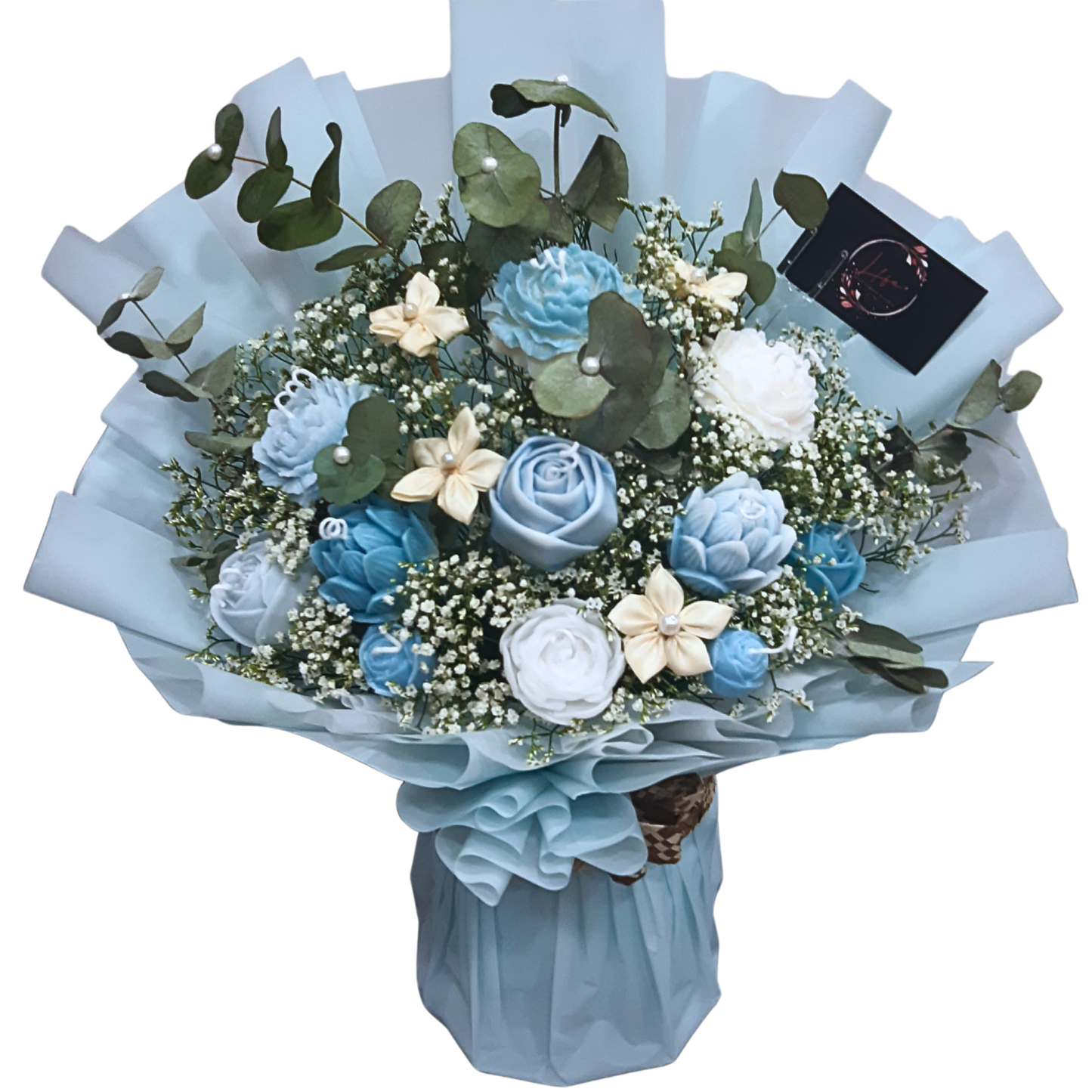 A lovely bouquet of blue and white wax flower candles with fresh white gypsophila and eucalyptus cinerea, elegantly wrapped with light blue floral paper.
