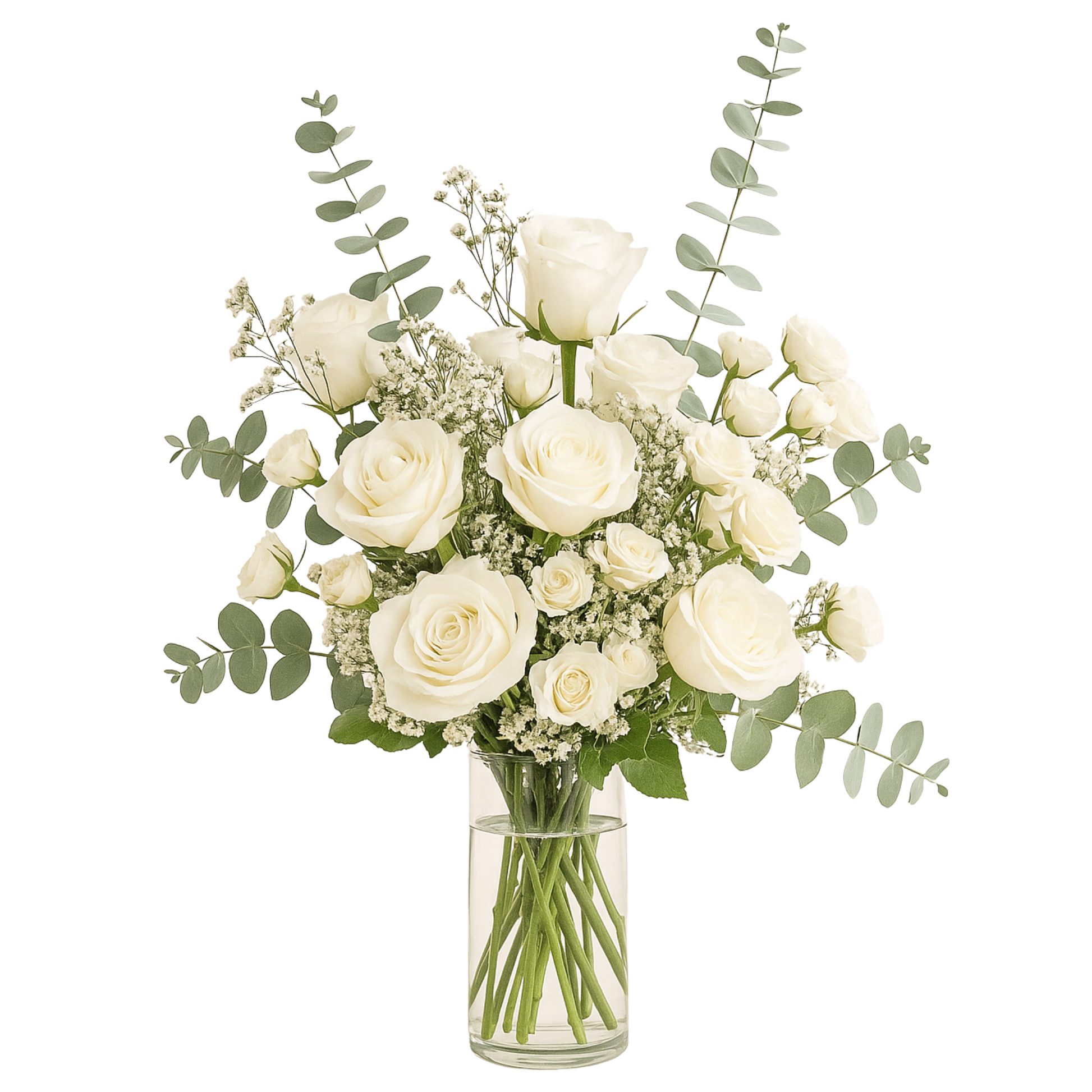 Vase arrangement of 12 white roses, white spray roses, bloomed white statice flowers, and eucalyptus leaves, styled in a clear glass vase for a soft, elegant, and minimalist look.