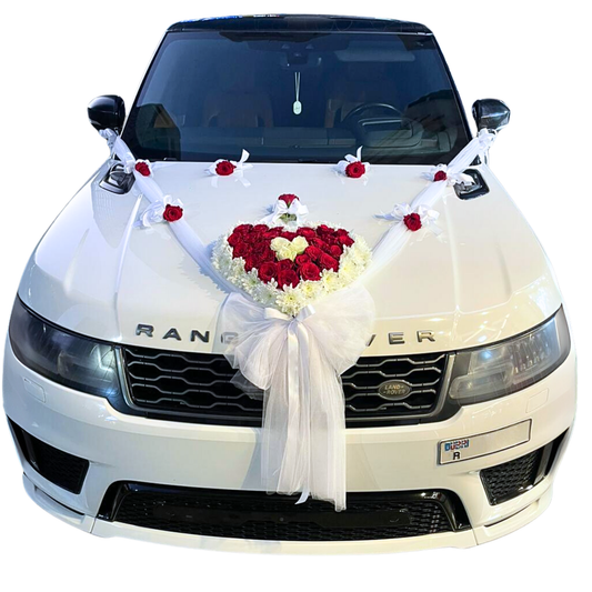 White Range Rover car wedding decorations.