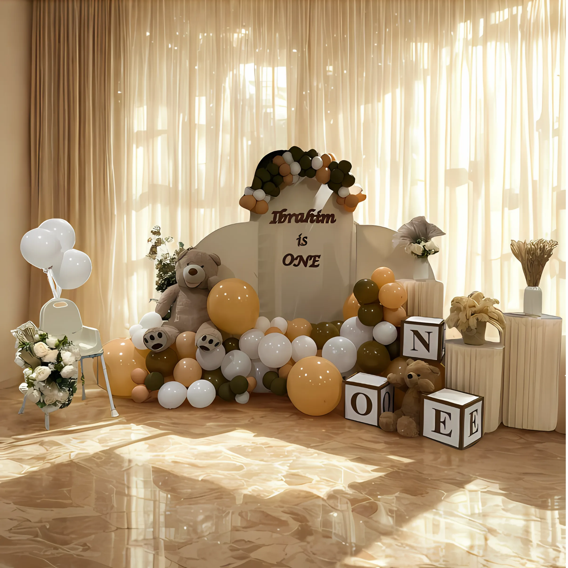 Brown Bear themed 1st Birthday Party stage backdrop with balloons with mix of dried and faux floral arrangements.