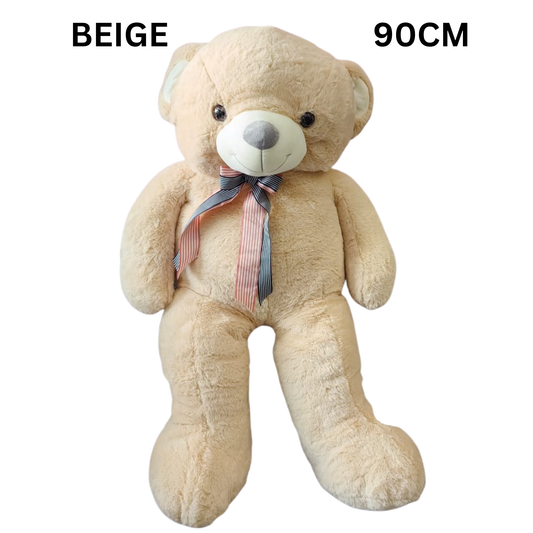 Gentle giant beige teddy bear with grey nose and striped bow tie. 90CM
