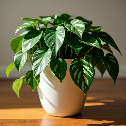 Potted pothos plant, also known as Devil's Ivy.