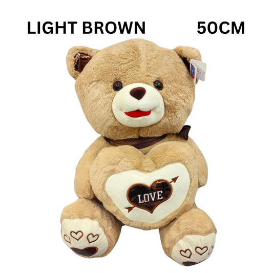 Light brown teddy bear with a heart-shaped 'LOVE' pillow. Height approx. 50CM or 20 inches.